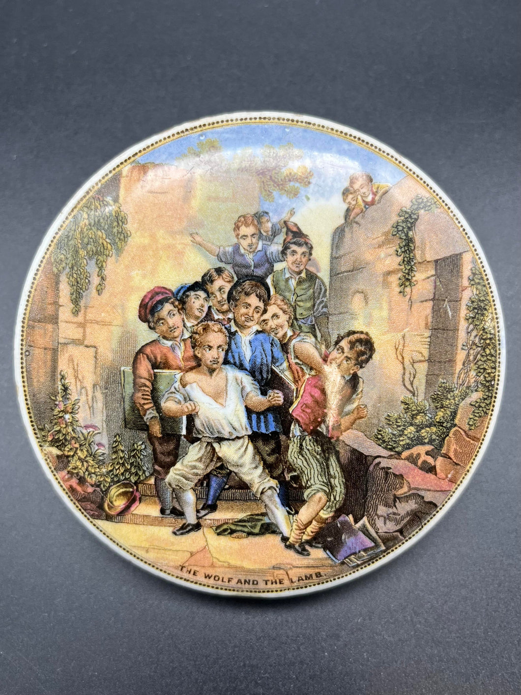 Prattware Printed Pot Lid - The Wolf and The Lamb