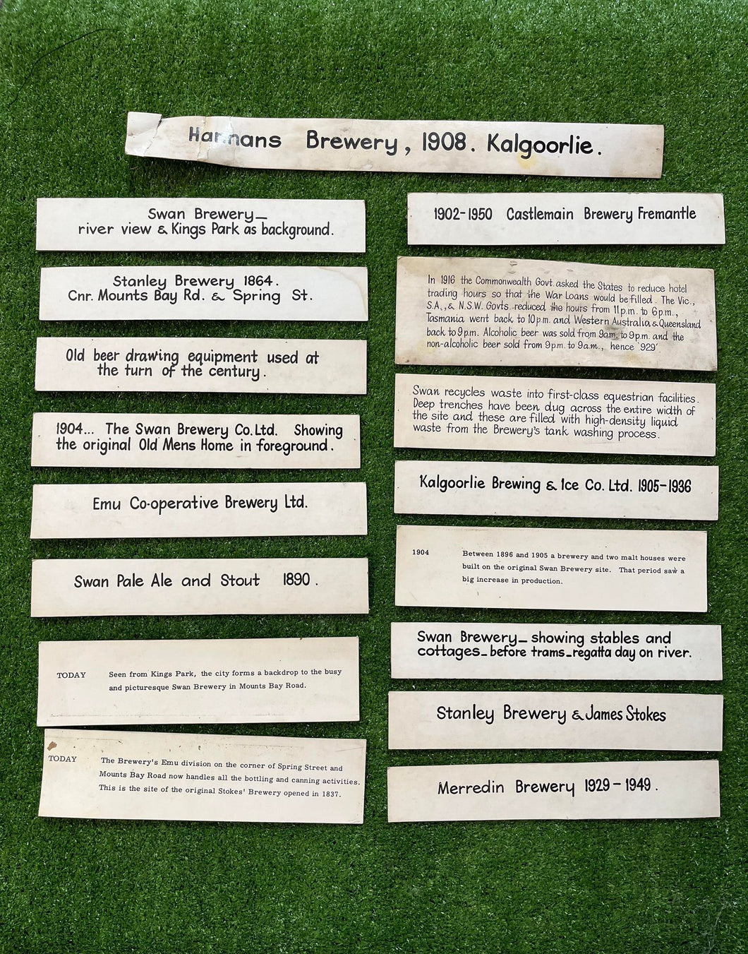 2) Original Hand Written Cards from Swan Brewery Foyer Display - Lot of 17
