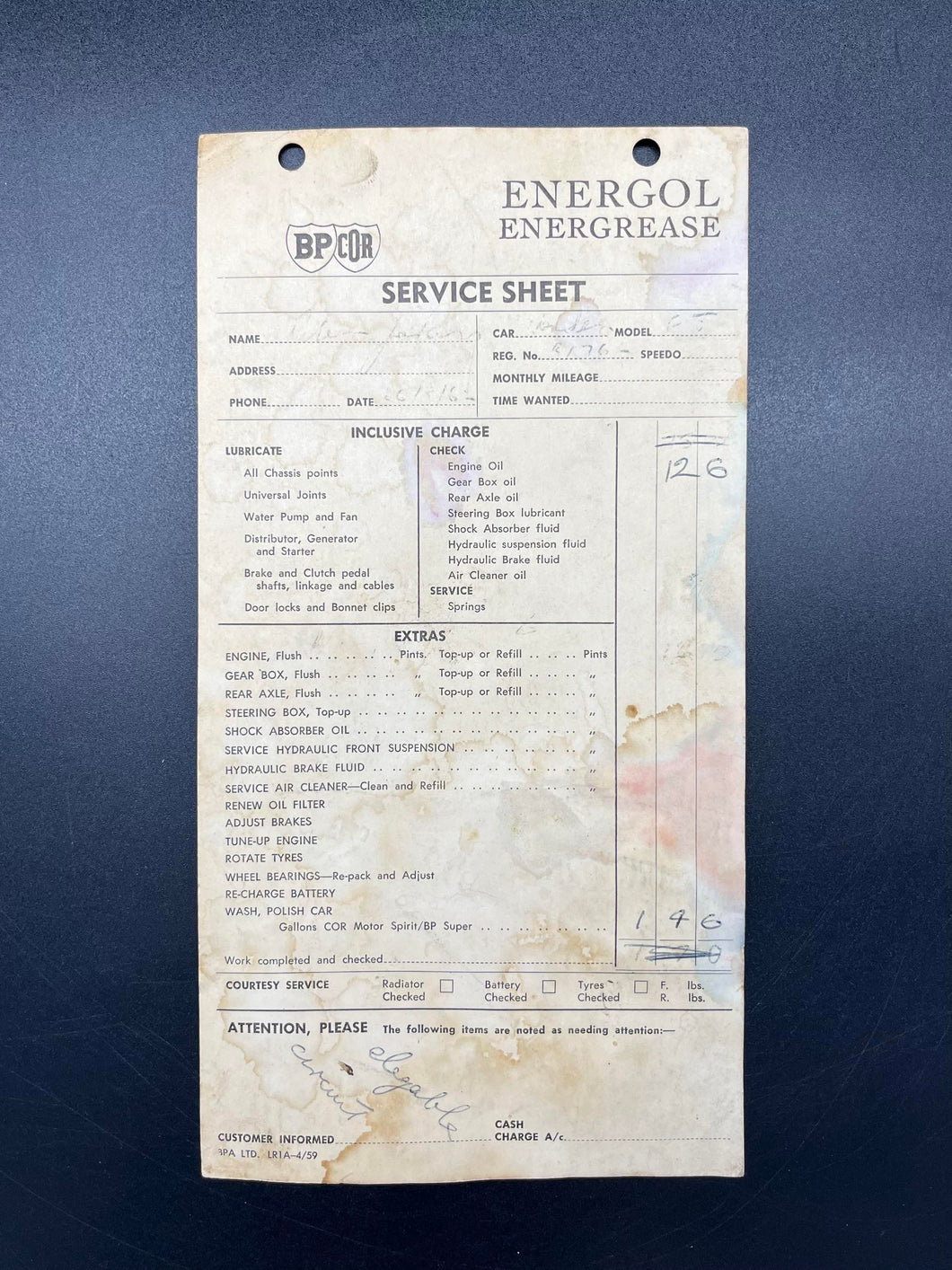 Vintage BP Service Sheet
