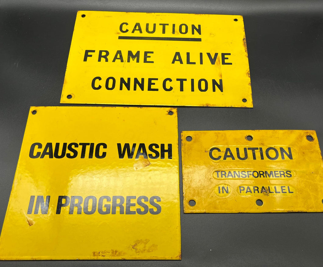 Caution/Caustic Wash Enamel Sign - Lot of 3