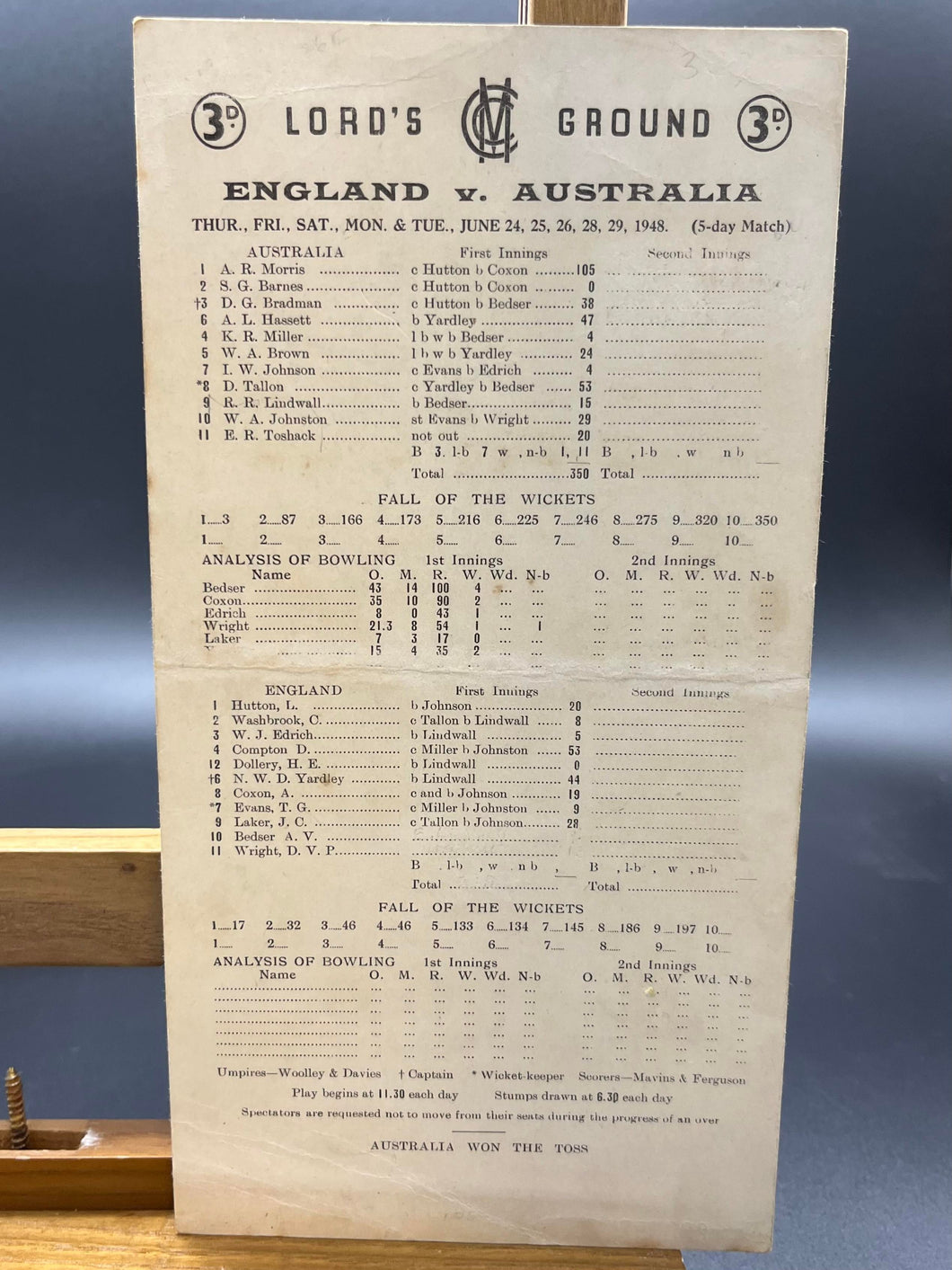 1948 Lord's Ground Original Score Card - England vs Australia