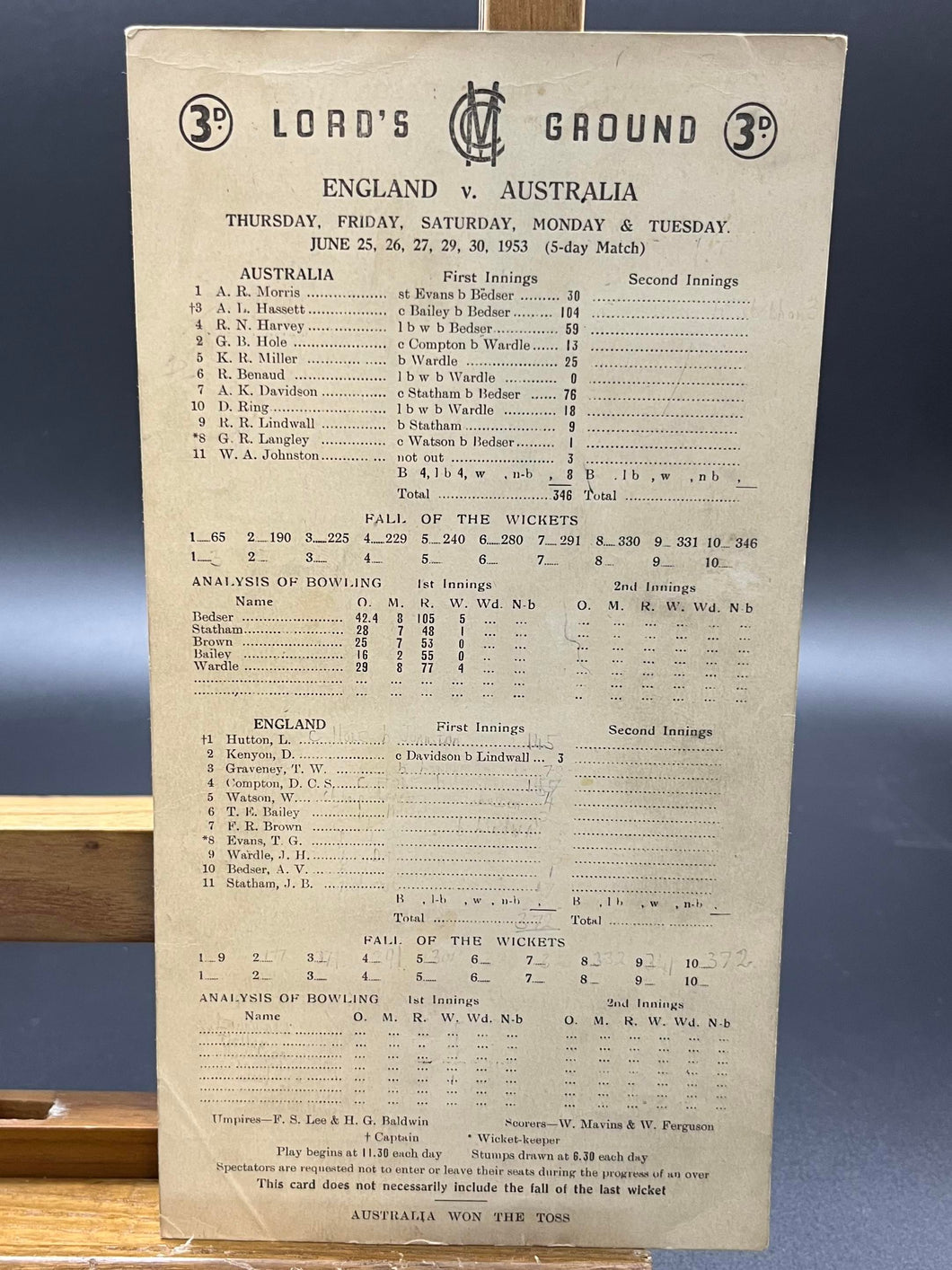 1953 Lord's Ground Original Score Card - England vs Australia