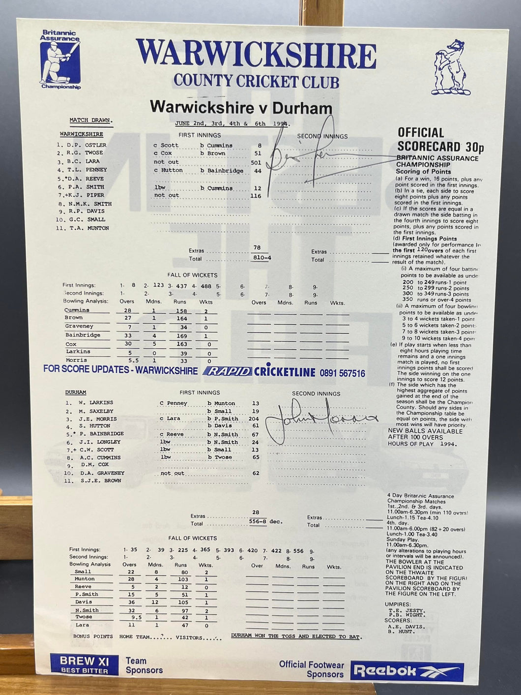 Warwickshire County Cricket Original Score Card - Signed by Brian Lara & John Morris