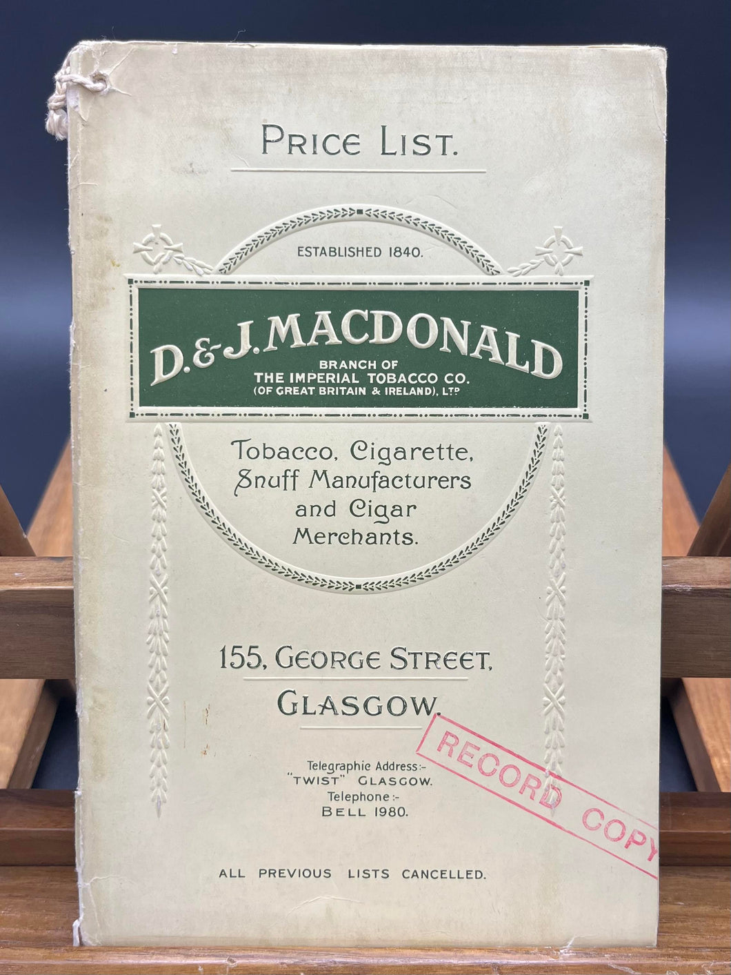 D & J Macdonald 1915 Tobacco, cigarette & Snuff Price List - Record Copy