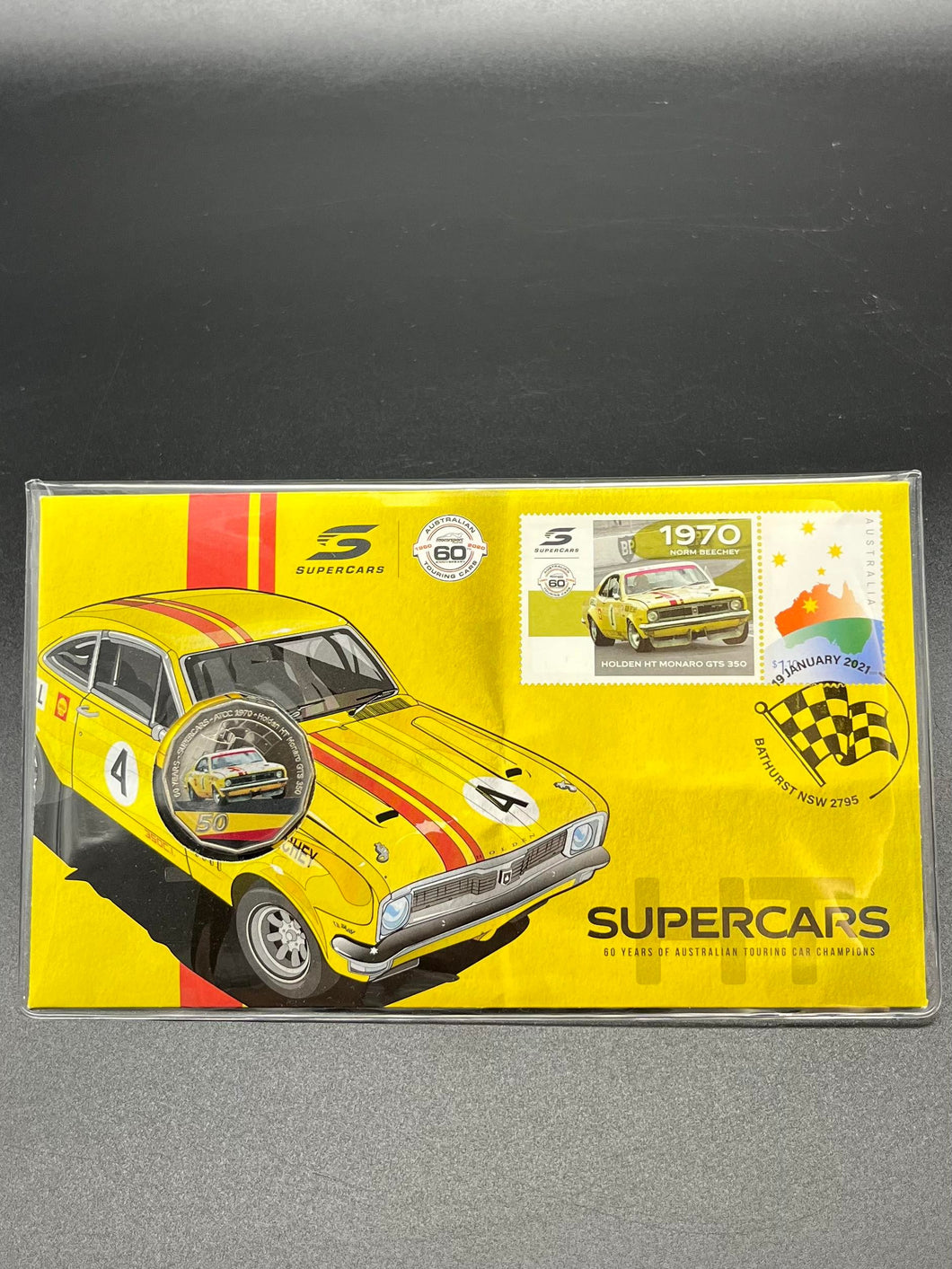 Supercars 60 Years - 1970 Holden HT Monaro GTS 350 Norm Beechey Coin & Stamp